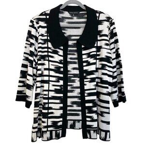 MING WANG Open Front Knit Cardigan Sweater Abstract Print B&W